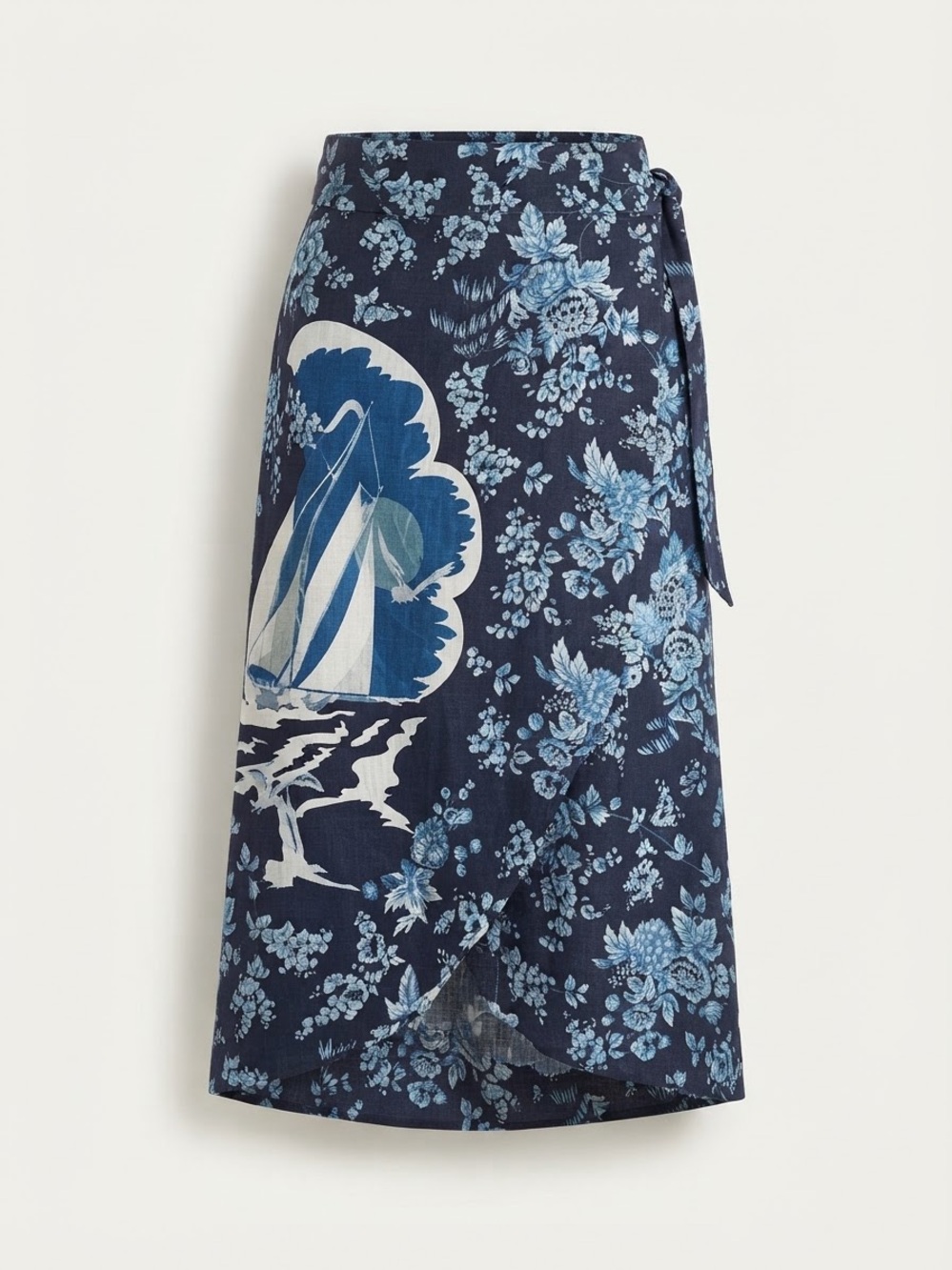 Tuckernuck Blue Floral Sailboat Linen Blend Wrap Skirt Sz L